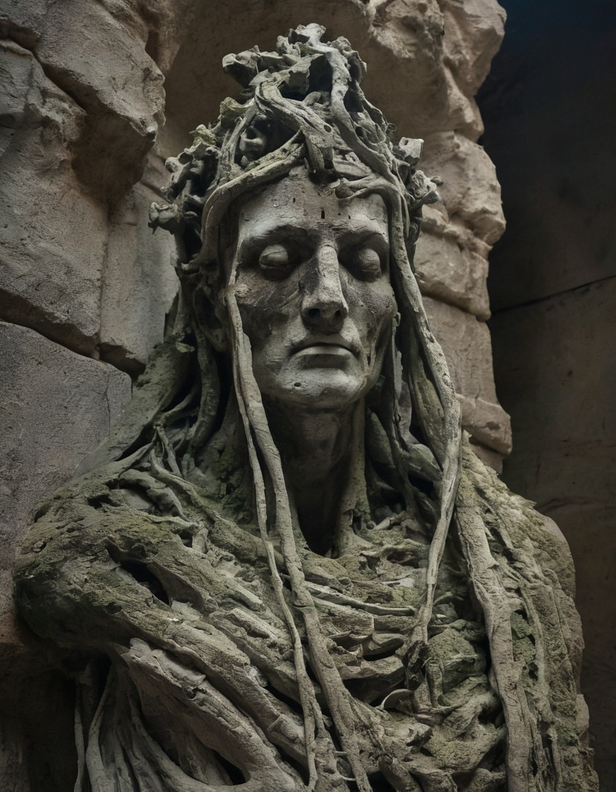 ancient deity, statue, decay, ruins, gothic, underground, dark