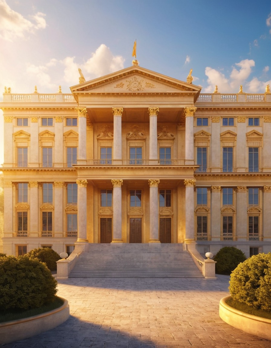 neoclassical architecture, grand building, sunlight, golden light, historic architecture, architecture