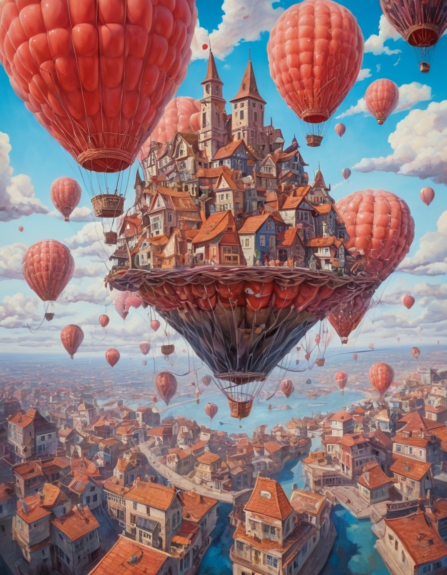 balloon city, floating city, whimsical, fantasy, architecture, art, surreal