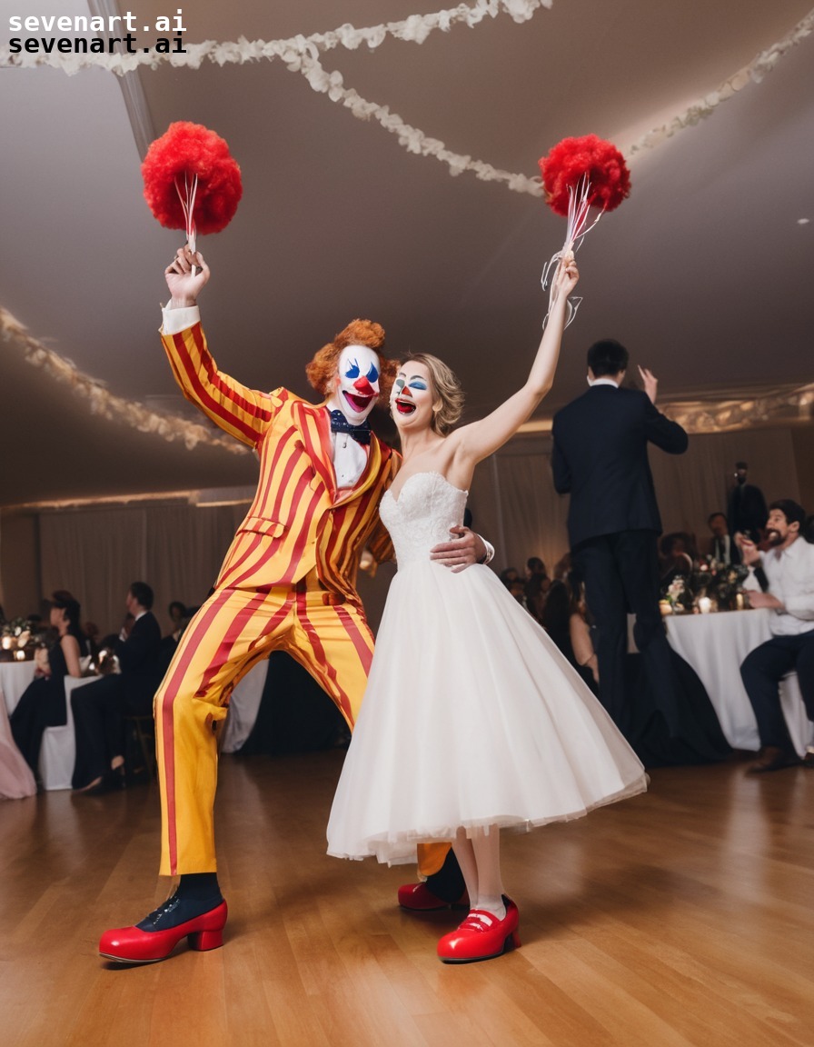 wedding reception, dance-off, clown shoes, celebration, fun, people