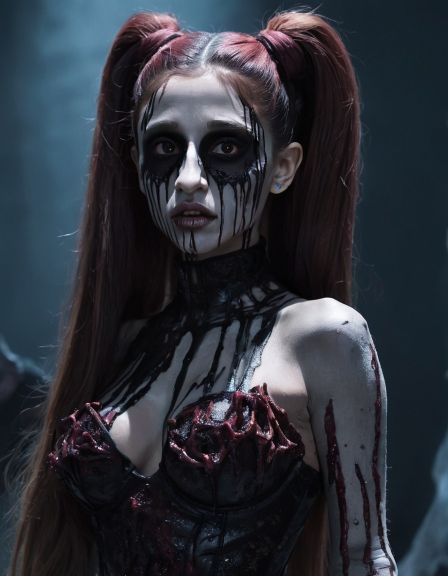 ariana grande, undead, decaying flesh, glowing eyes, iconic outfit, zombie, celebrities