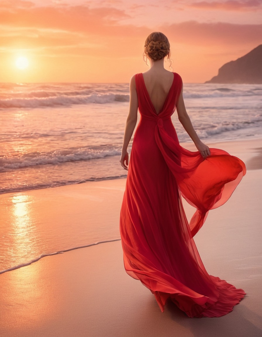 fashion, beauty, sunset, beach, woman, red gown, walking