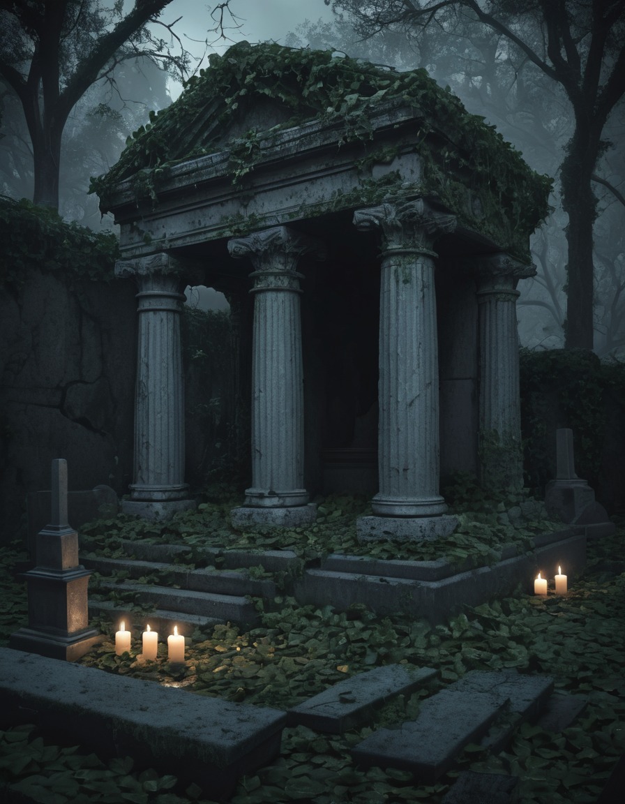 mausoleum, tombstones, ivy, candlelight, eerie, gothic, underground, dark