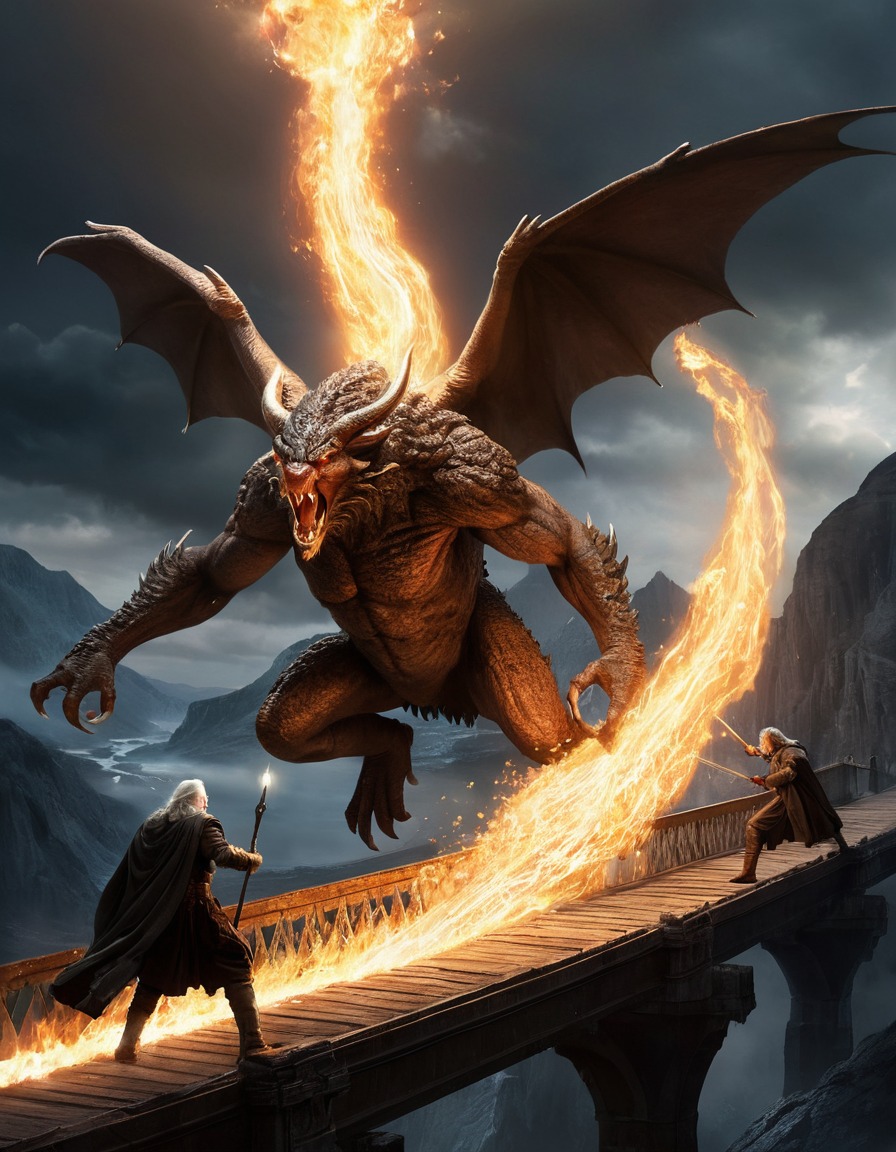 fantasy, battle, balrog, gandalf, lord of the rings, khazad-dûm, john tolkien, tolkien