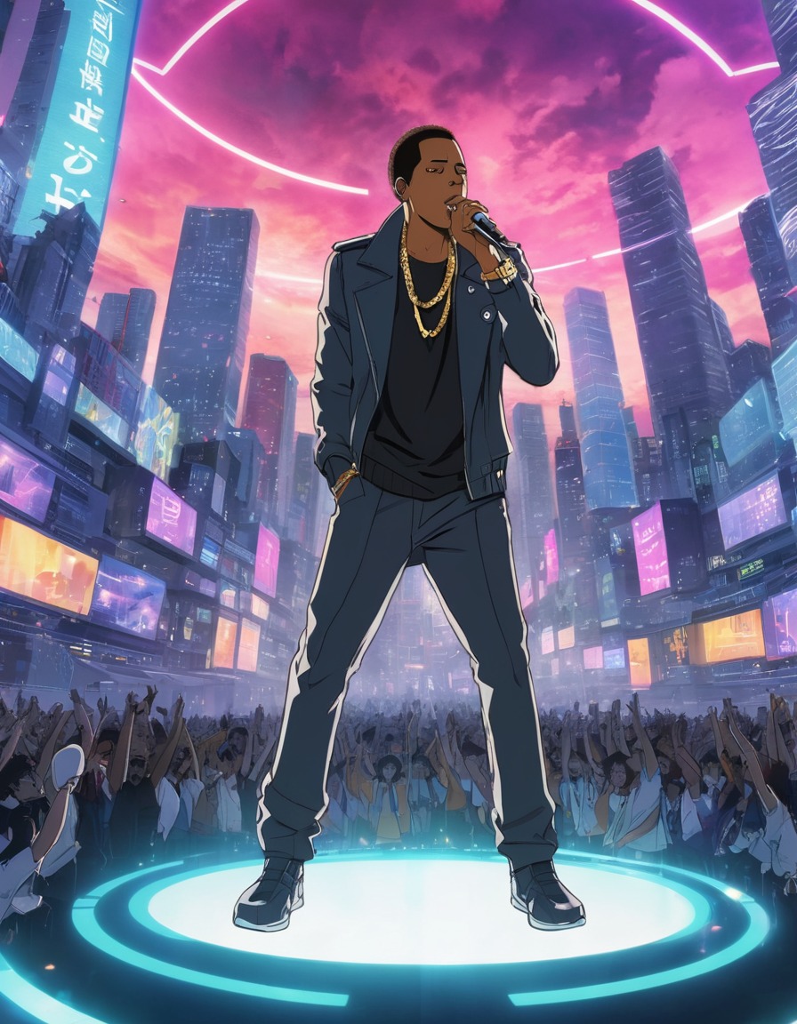 jay-z, anime, performance, futuristic city, music, entertainment