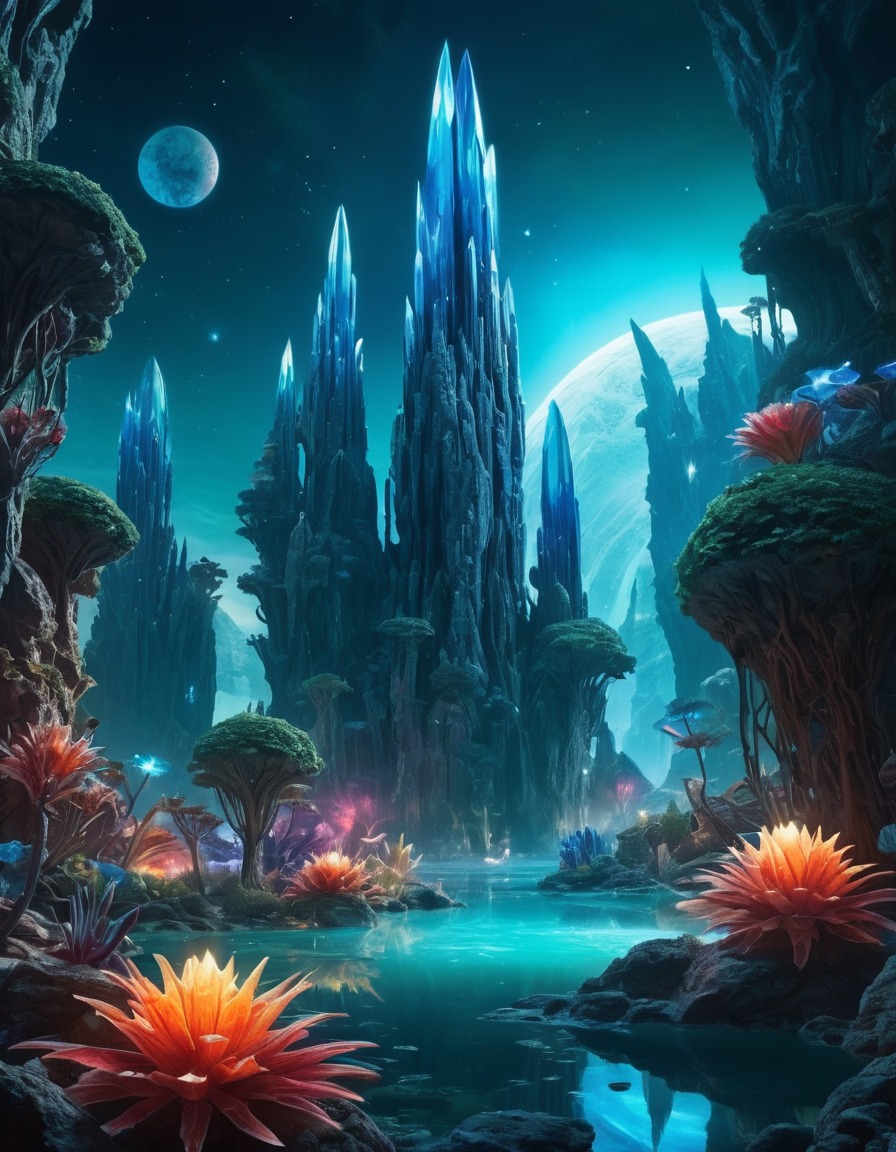 alien landscape, crystal formations, bioluminescent plants, sci-fi, extraterrestrial, fantasy, aliens