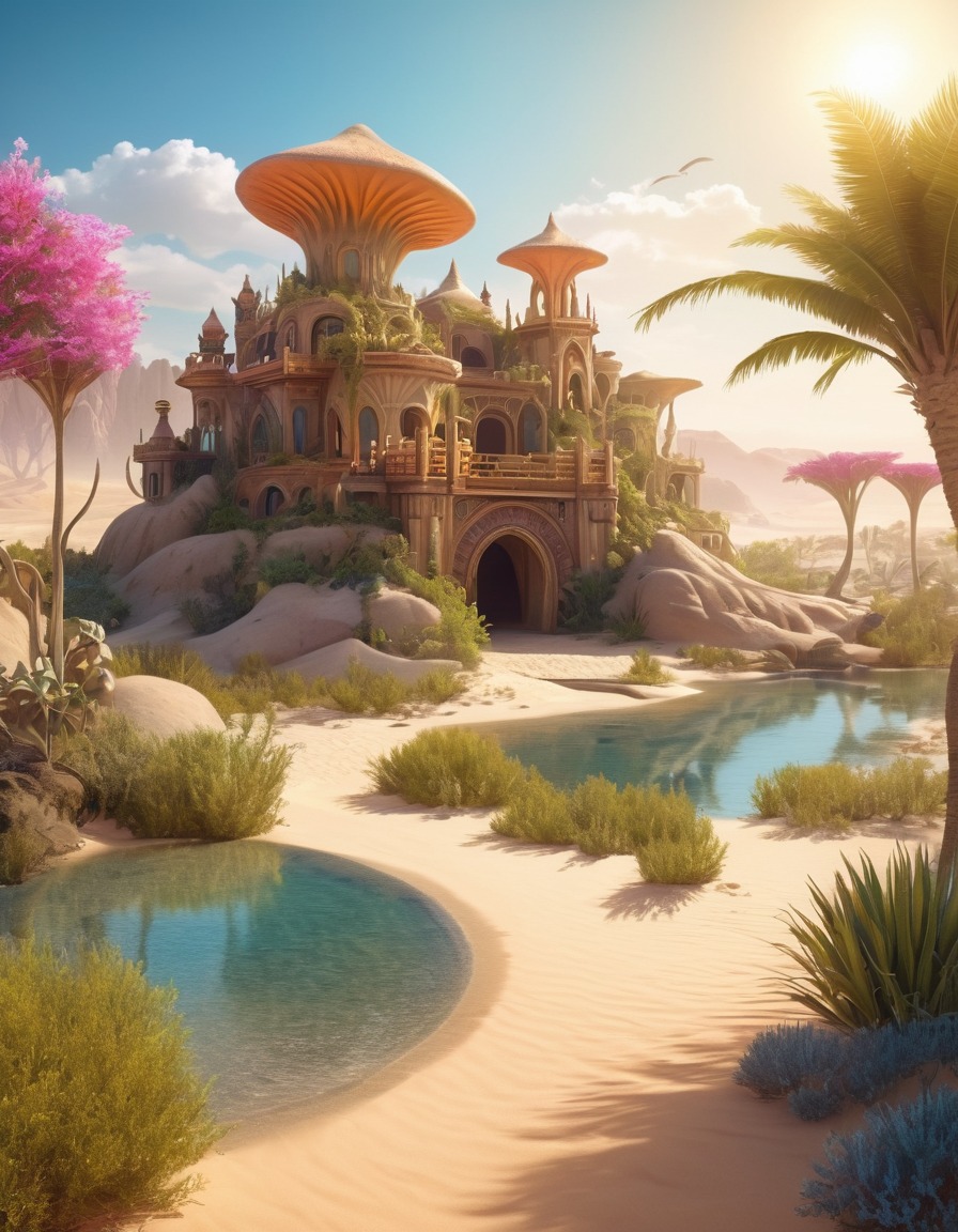 magical, oasis, desert, iridescent sand dunes, mythical creatures, lush vegetation, fantastic