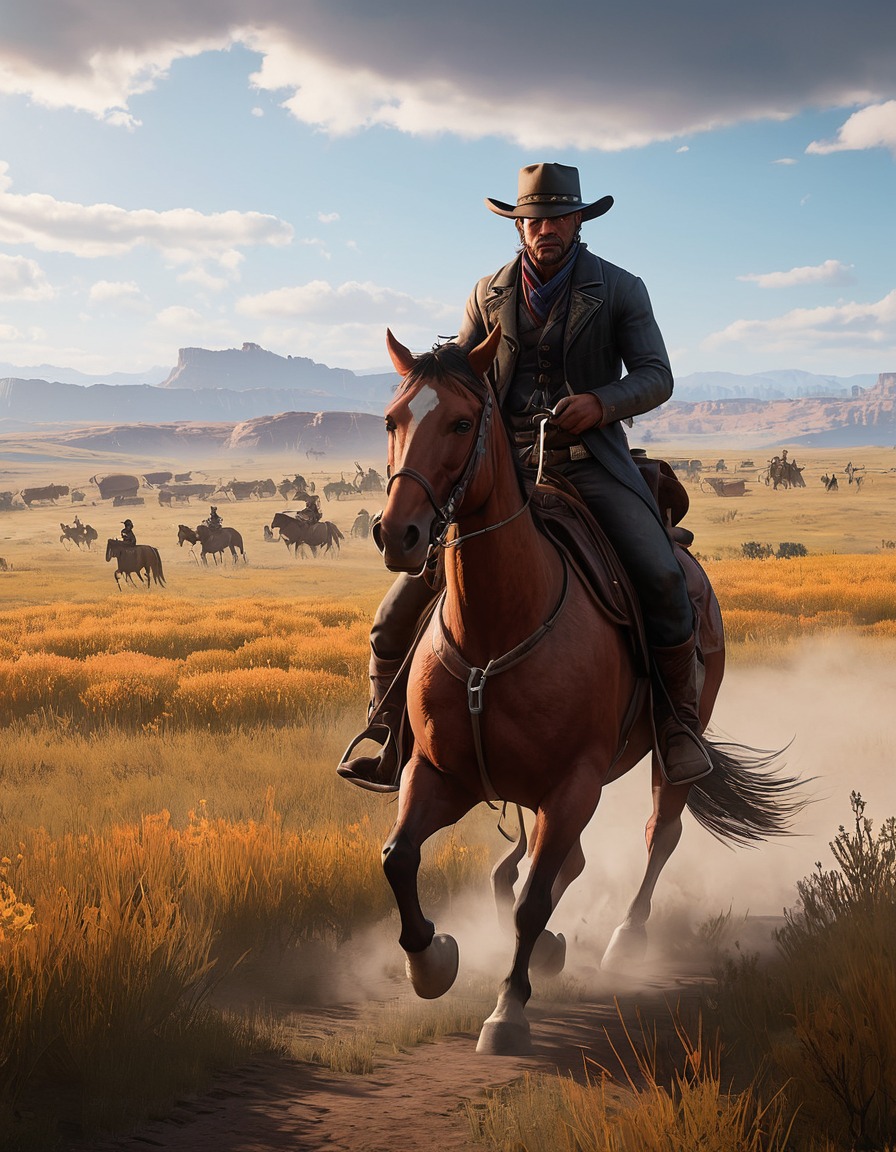 video game, red dead redemption 2, cowboy, horse, western, prairie, computer games