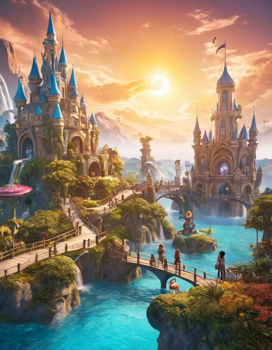 fantasy park, fictional creatures, urban fantasy, fantasy city, amusement park, magical beings, enchanted attractions