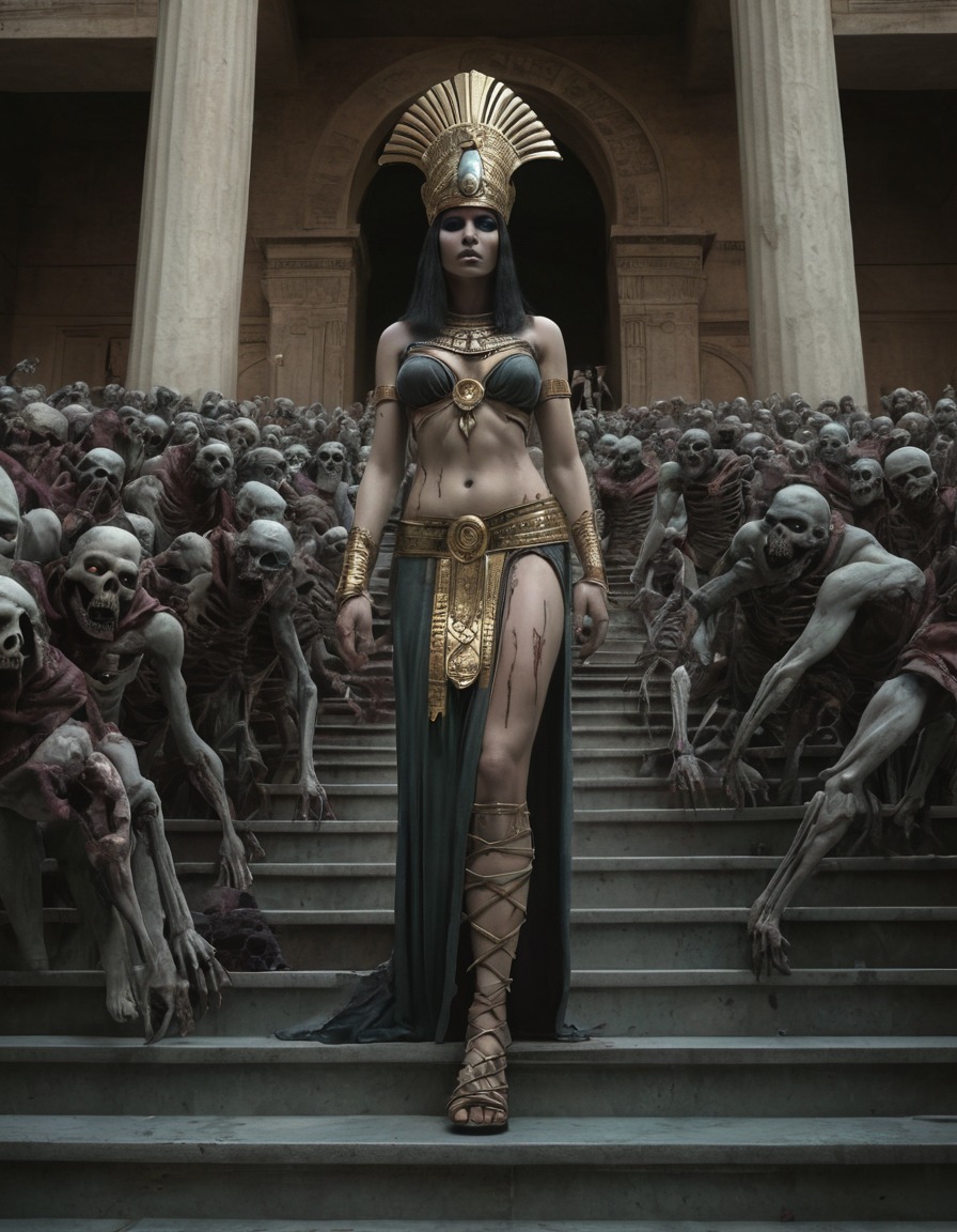 ancient palace, undead, cleopatra, zombie queen, followers, zombie