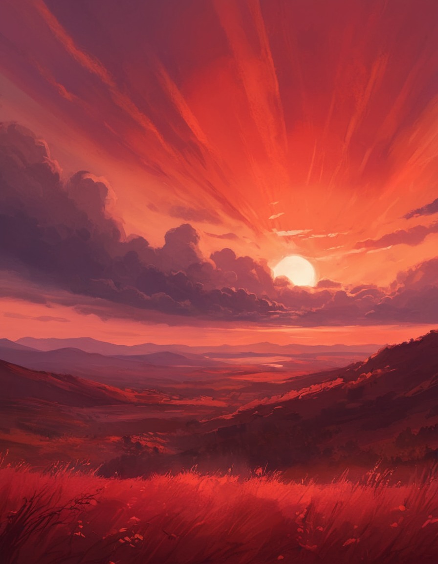 sunset, fiery, landscape, red hues, warm glow