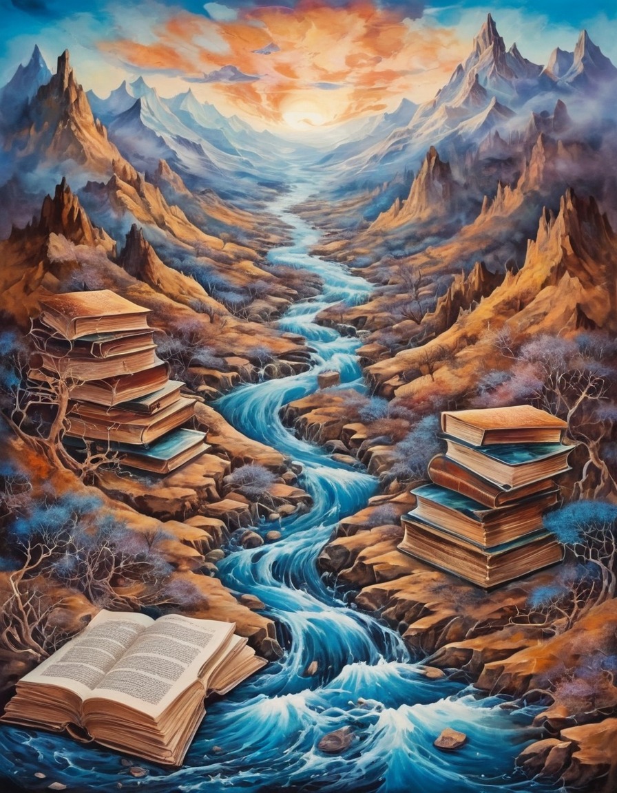 nature, mountains, books, rivers, ink, surreal