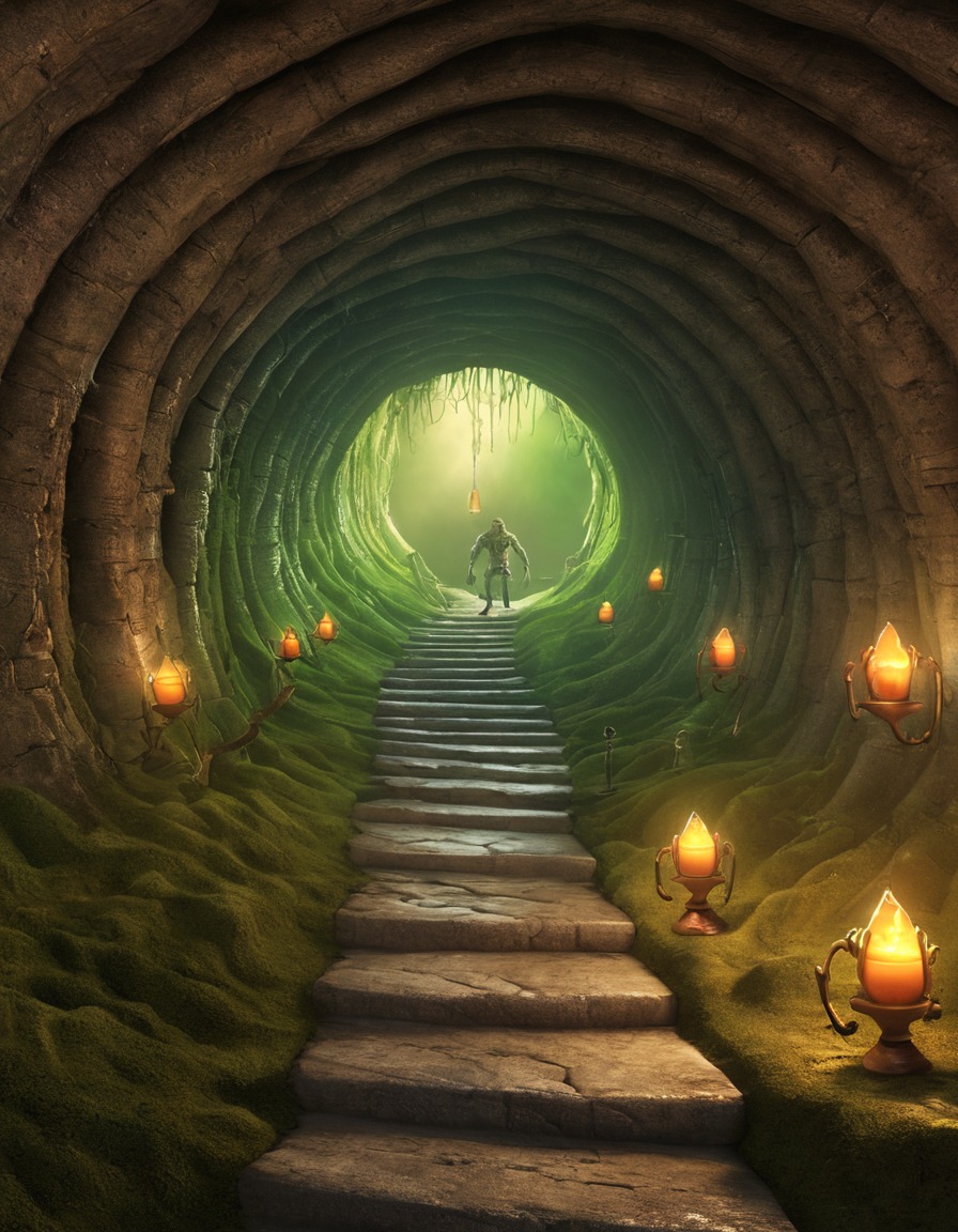 labyrinth, twisting tunnels, mischievous goblins, fantasy scene