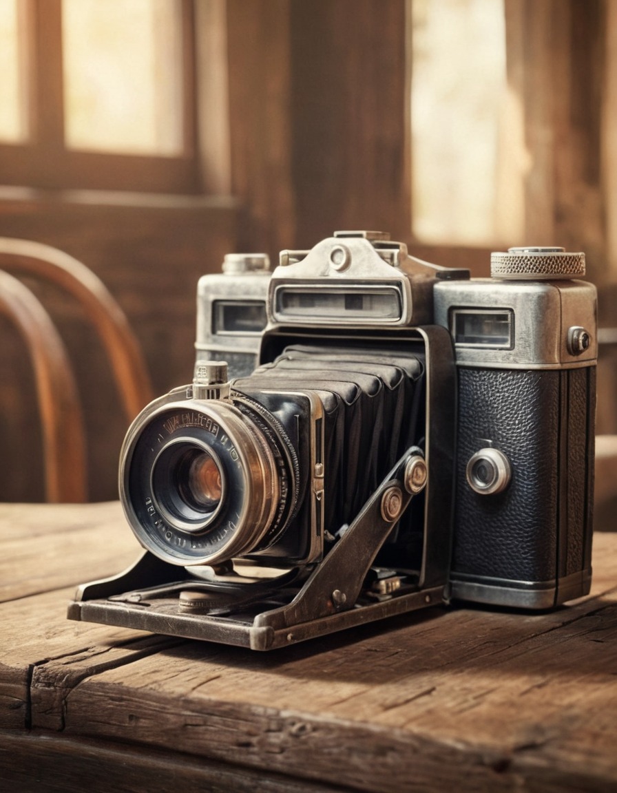 vintage, film camera, close-up, wooden table