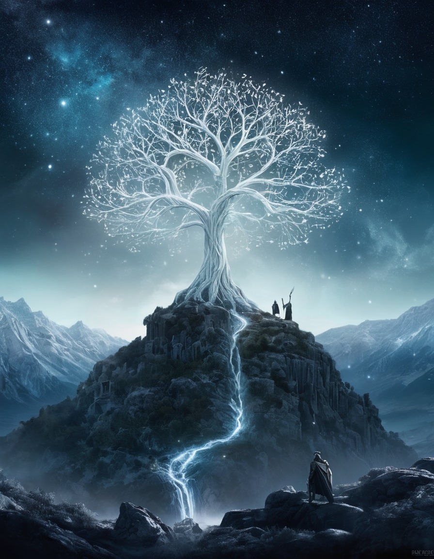 fantasy, starlight, tree, gondor, night, john tolkien, tolkien