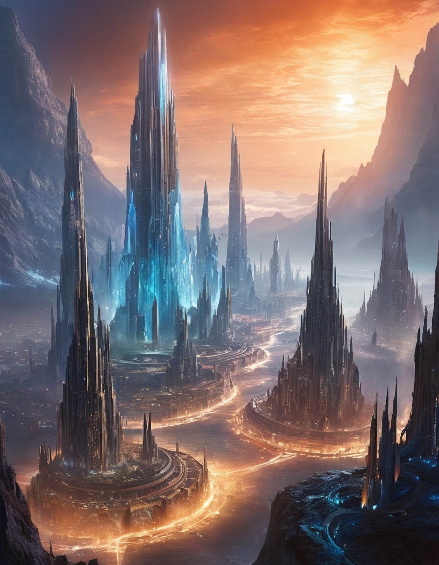 alien city, crystalline, otherworldly, energy pulse, extraterrestrial, aliens