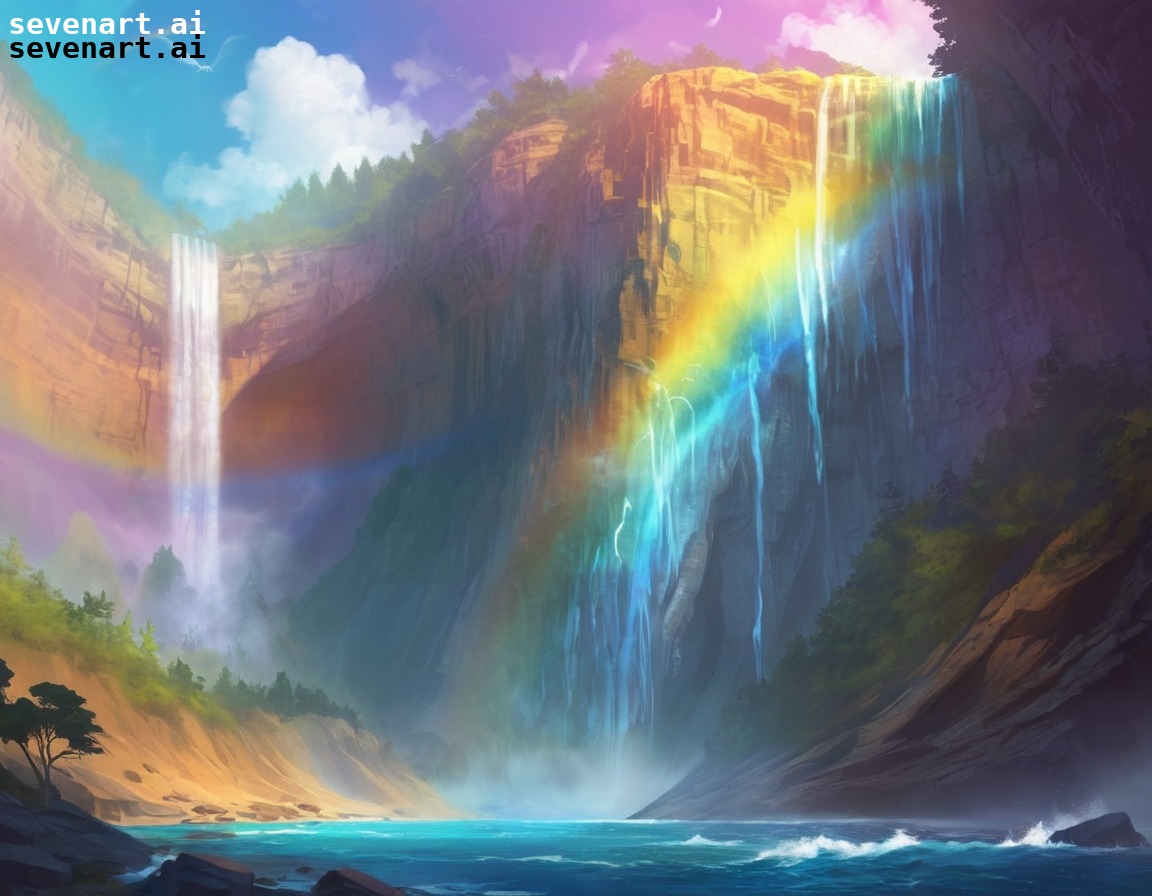 waterfall, rainbow, mythical creatures, nature, fantasy