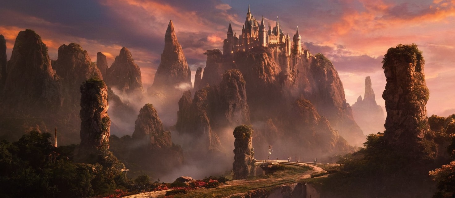 city, fantasy, highfantasy, mountains, sunset, conceptart, towers