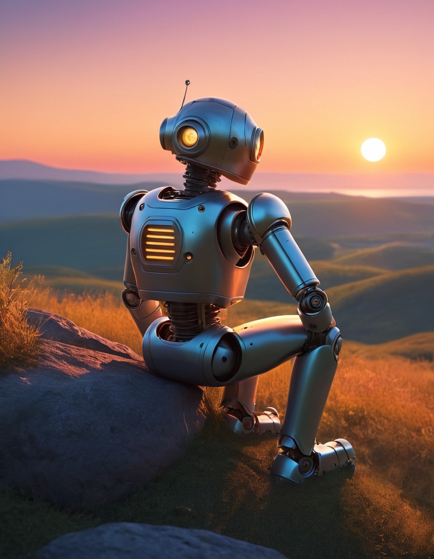 robot, sunset, hill, solitude, robots