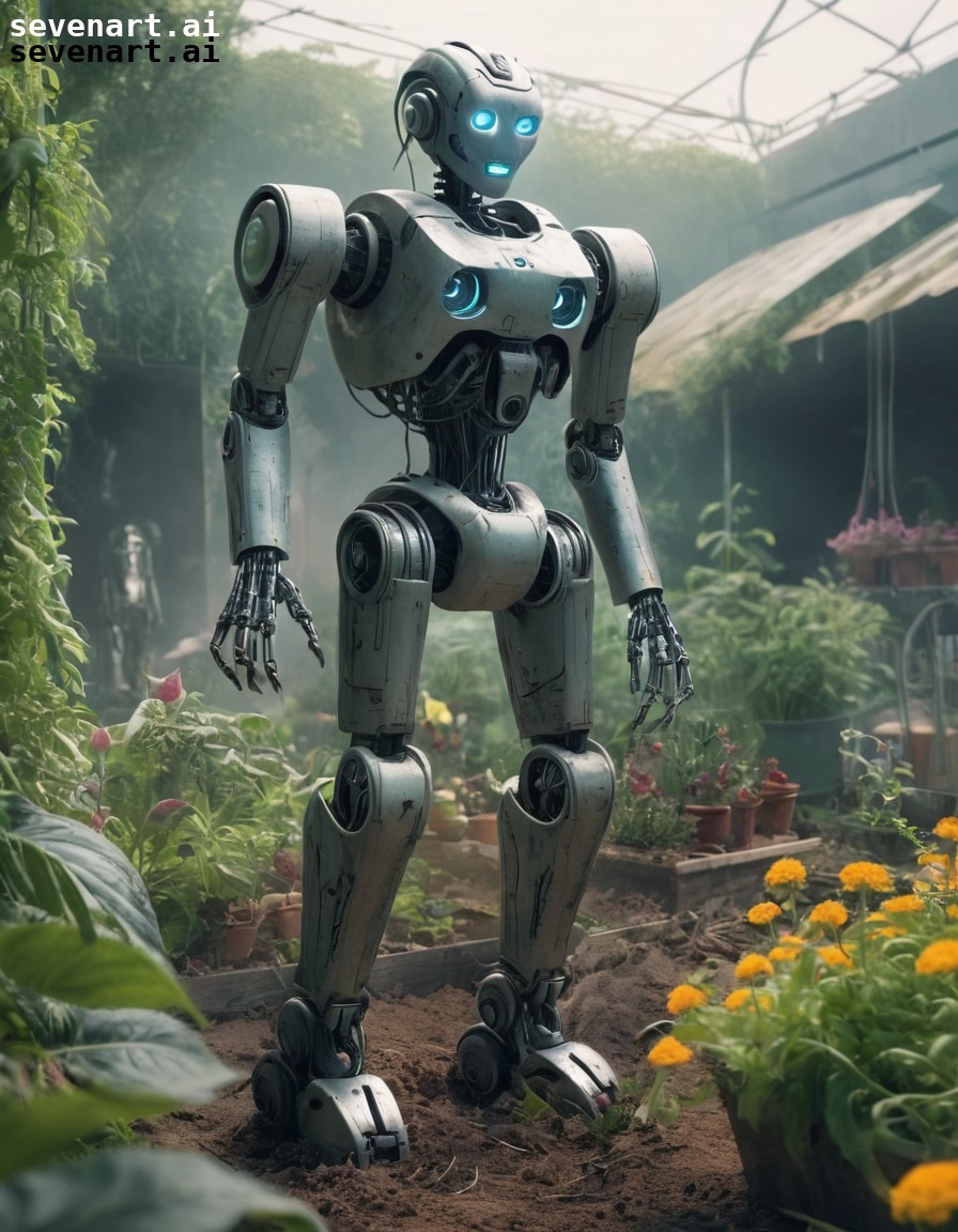 robot, garden, genetically modified plants, post-apocalyptic, future landscape, future