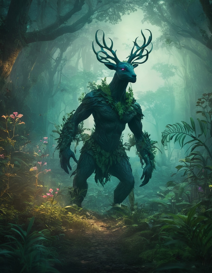 mythical creature, mystical forest, enchanted plants, fantasy, magical wildlife