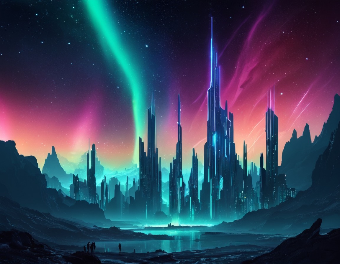 futuristic, cityscape, distant planet, stars, aurora borealis, space