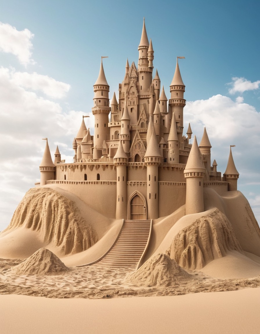 sand sculpture, castle, tiny people, art, fantasy, creativity, imagination