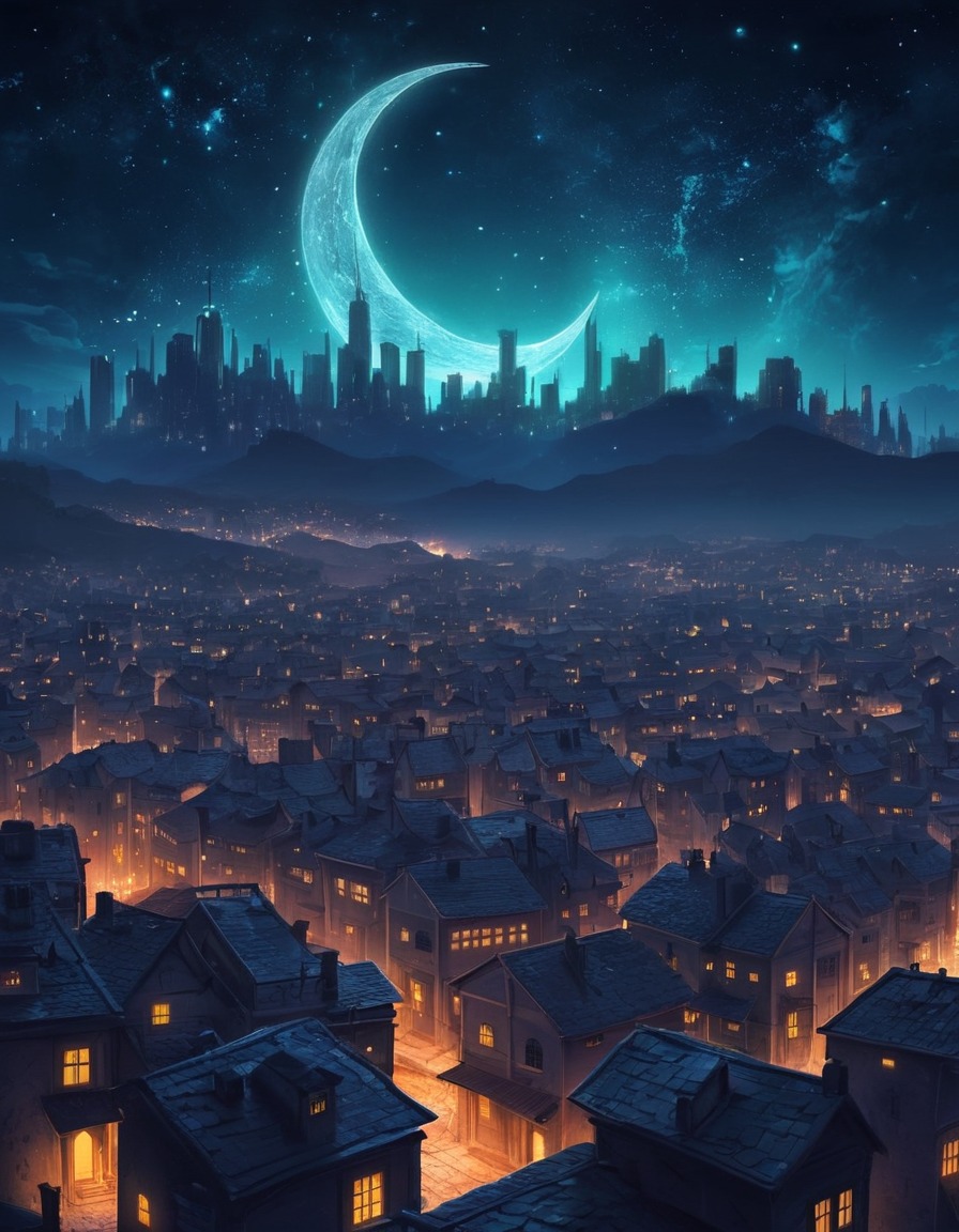 fantasy, night sky, moons, cityscape, stars, fantastic