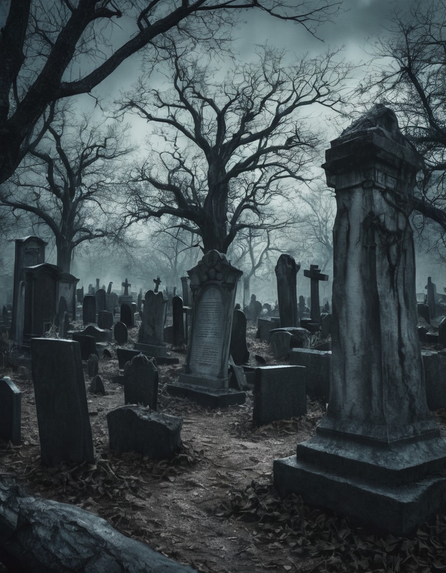 graveyard, twisted trees, crumbling headstones, eerie atmosphere, gothic, underground, dark