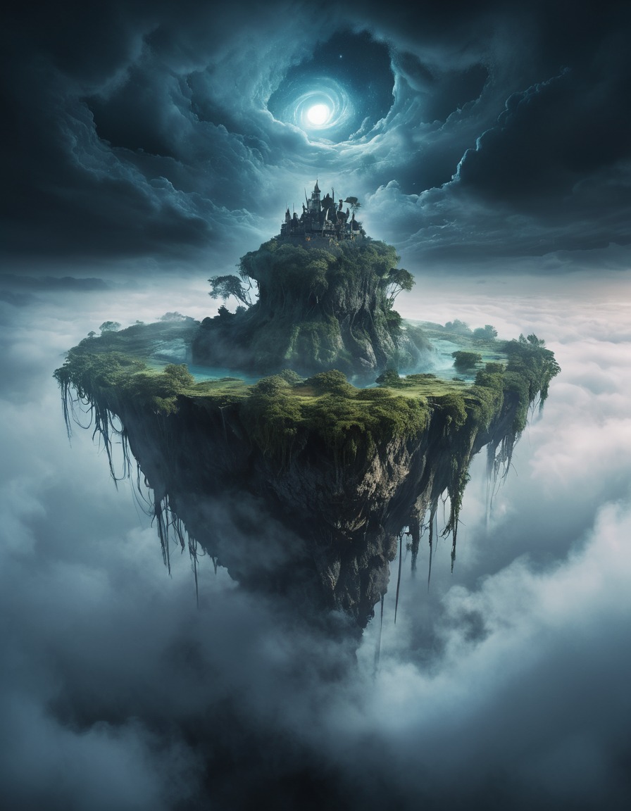 mystical, floating island, swirling mists, atmospheric, fantasy landscape