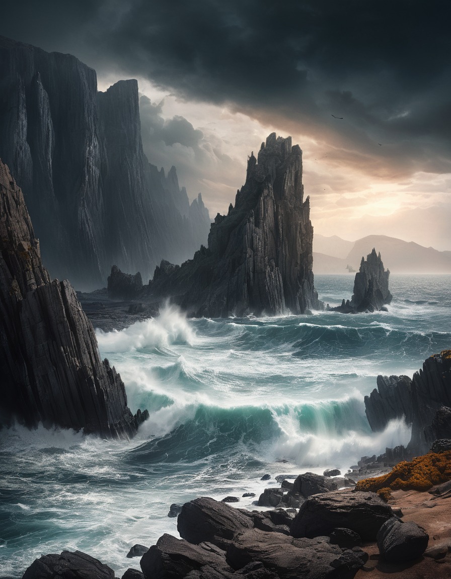 stormy sky, desolate, rocky coastline, towering cliffs, crashing waves, ominous, unseen terrors, lovecraft, howard lovecraft