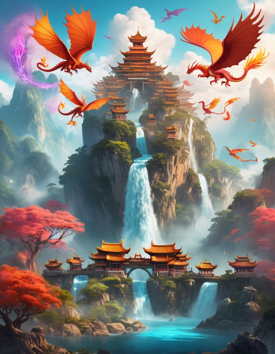 waterfall, floating islands, dragons, phoenixes, fantasy, fantastic