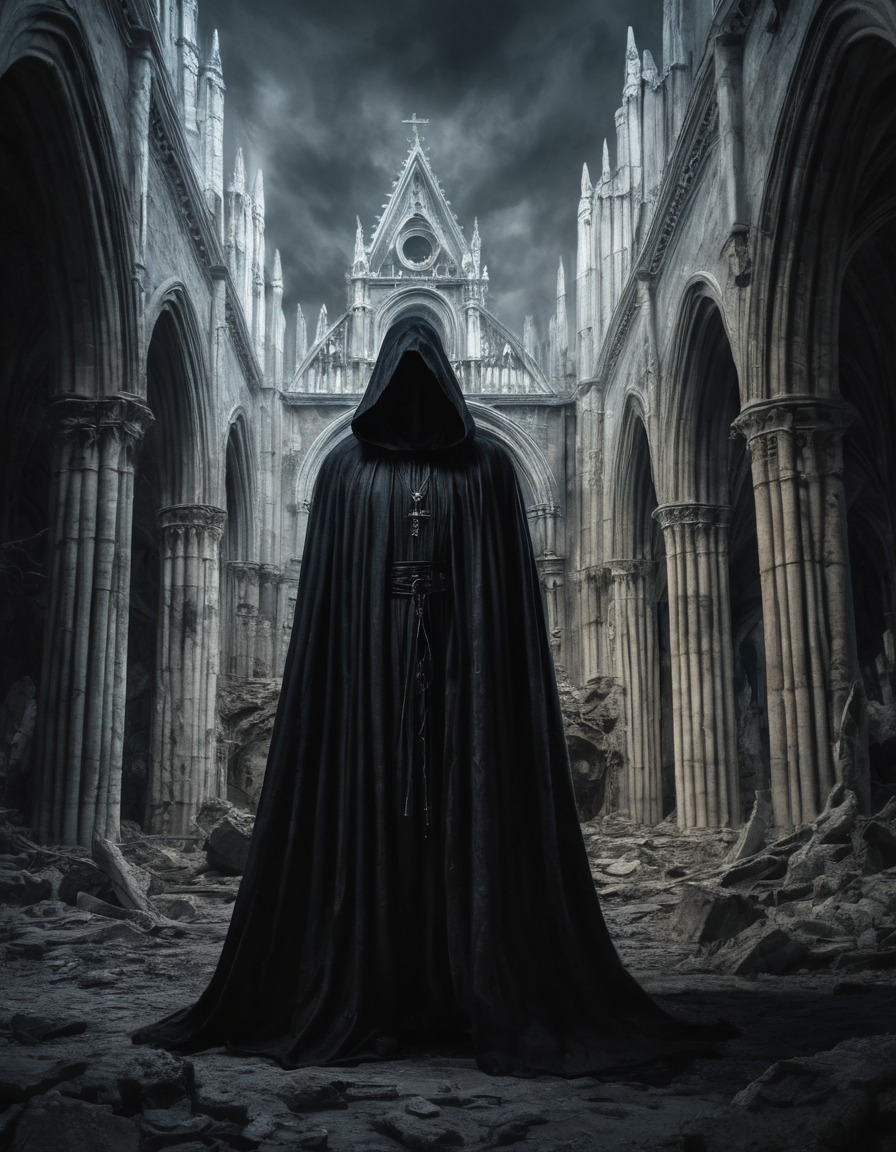 cathedral, shadows, mysterious figure, ancient, architecture, gothic, underground, dark