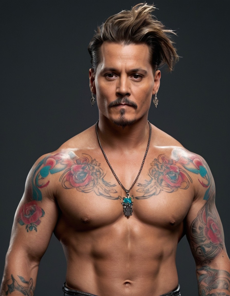 johnny depp, bodybuilder, tattoos, fierce expression