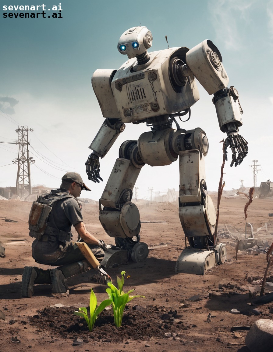 robot, planting, seeds, post-apocalyptic, future, robots