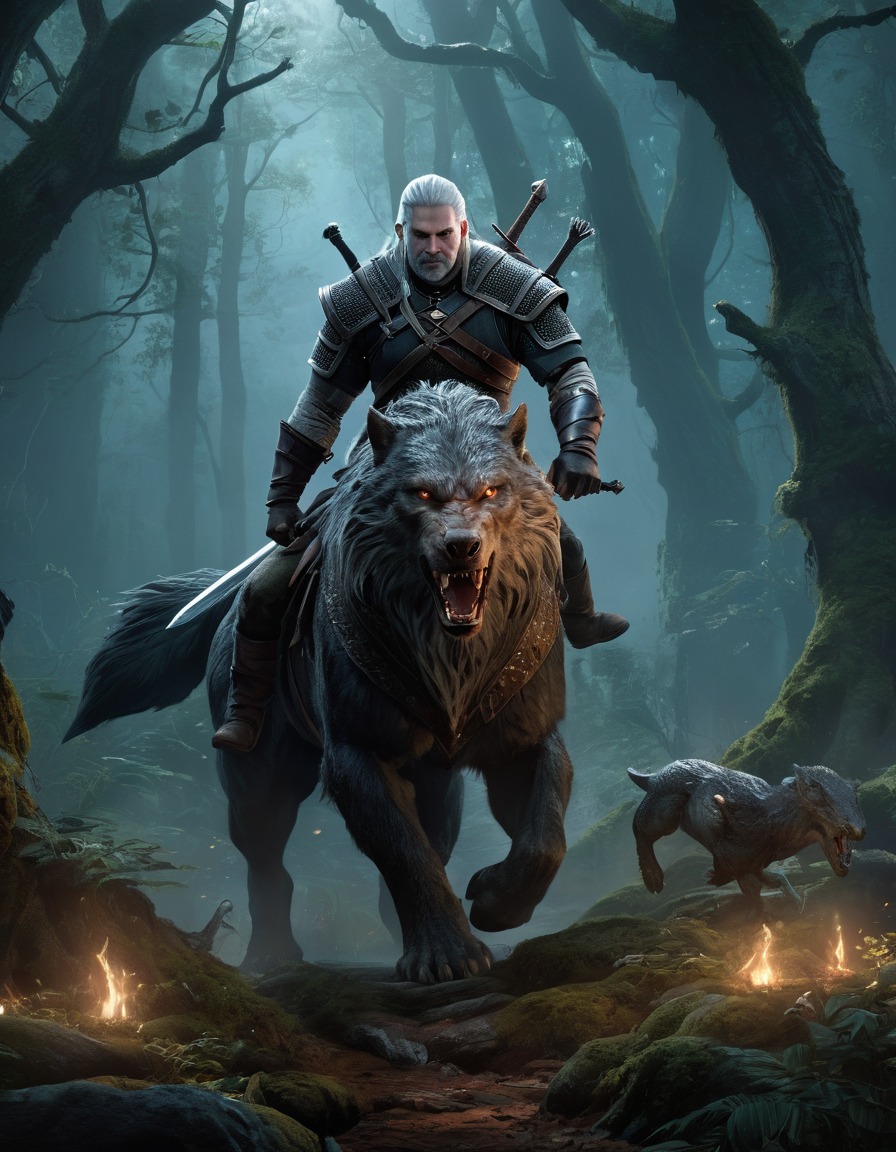 geralt of rivia, witcher, creature, dark forest, enchanted, battle, computer games