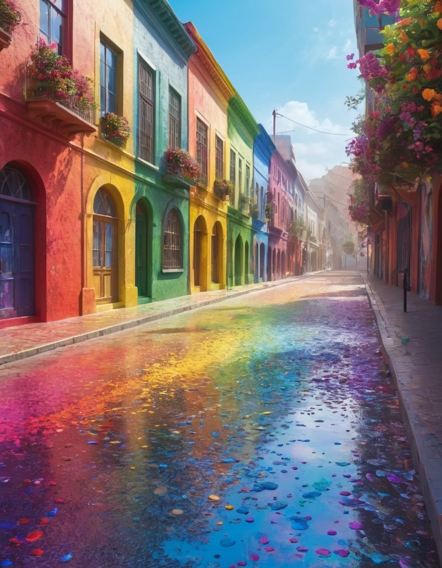 street art, colorful, paint splatters, urban, public space, creative expression, rainbow colors