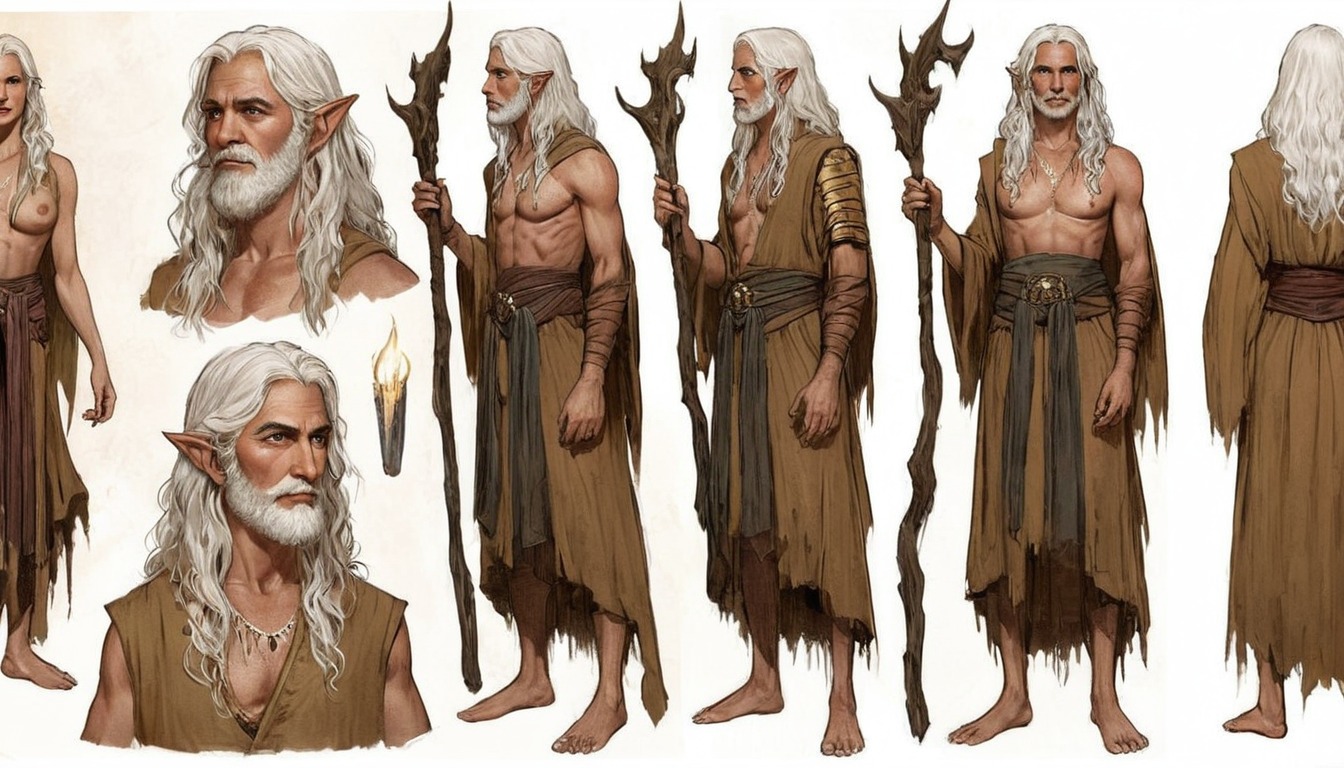 dnd, conceptart, conceptdesign, dalle3, digitalart, elder, fantasy, intelligence, knowledge, longhair, male, man, robes, rpg, simple, tattoo, whitehair, aiart, conceptartcharacter