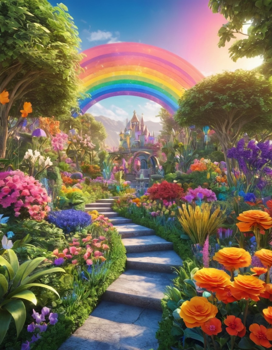 magical garden, rainbow colors, plants, nature, fantastic