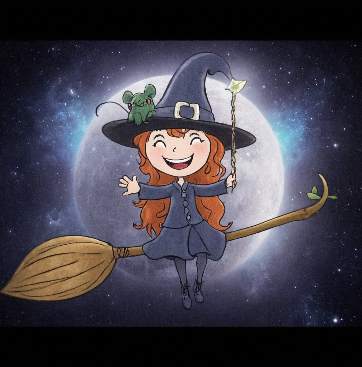 magic, disney, witch, digitalart, cartoon, halloween, digitalpainting, fairytale, bewitched, childrensillustration, ghost, glassesgirl, littlewitch, mice, mouse, redhair, sorcerer, witchhat, fliyingwitch