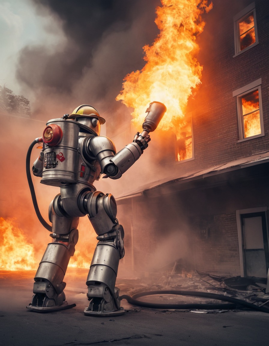 robot, firefighter, extinguishing, flames, burning building, robots