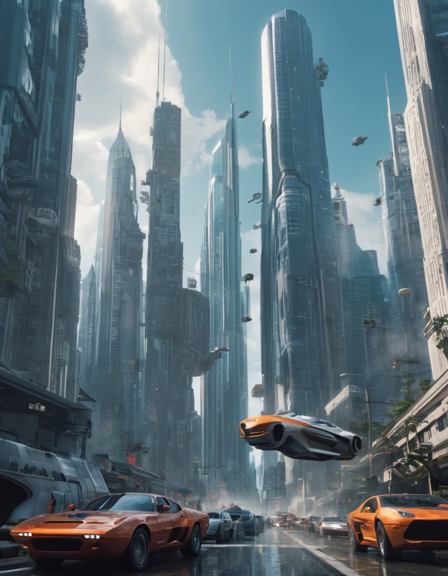 future, cityscape, technology, flying cars, skyscrapers