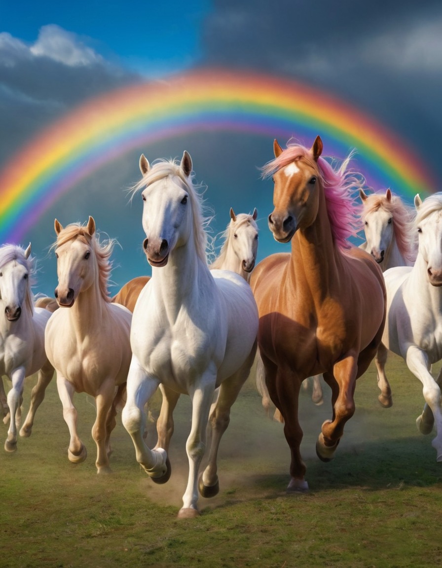 unicorns, herd, galloping, rainbow, fantasy, magical creatures