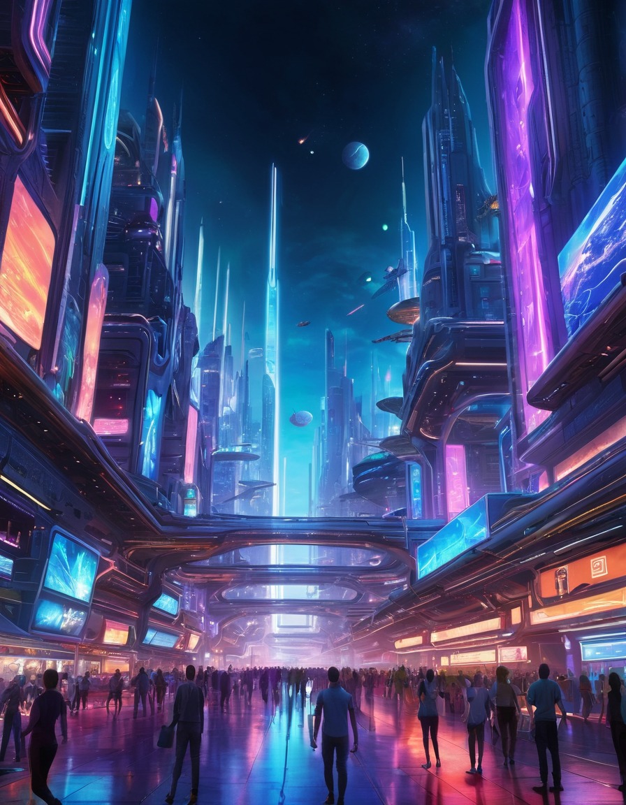 space, futuristic, cityscape, neon lights, space scene