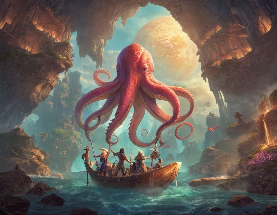 digitalart, octopus, dreamup, fantasyart, sea, boat, squid, dailychallenge, ai_art