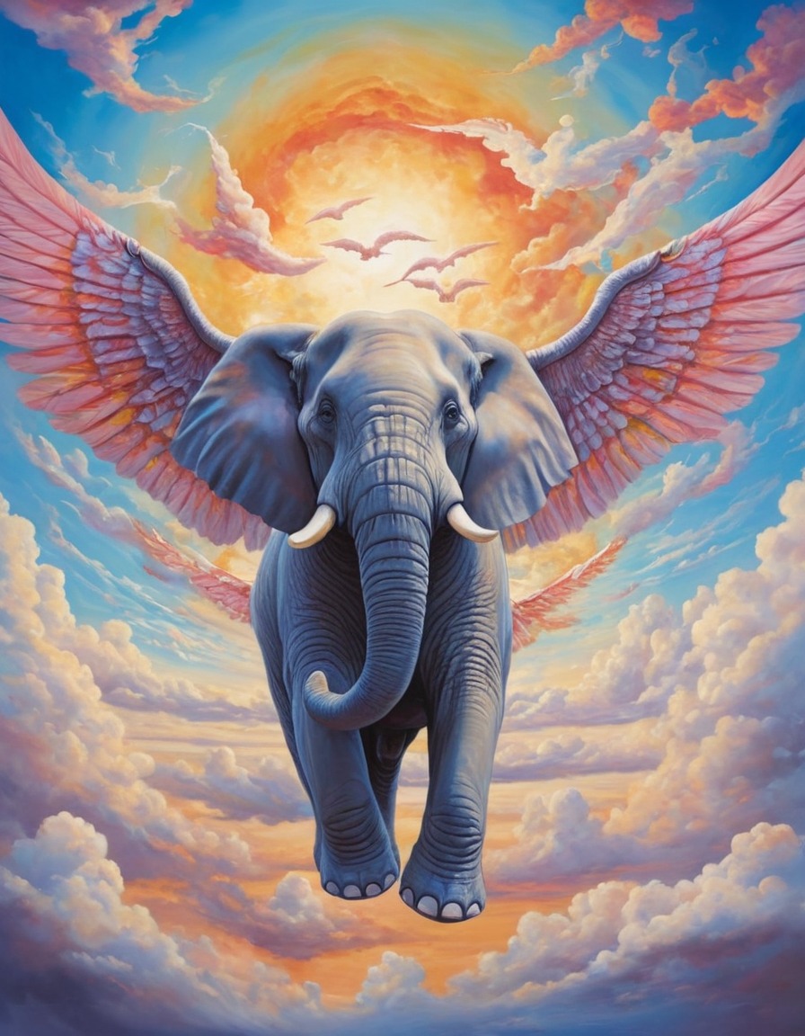 fantasy, magical, clouds, elephant, flying, surreal