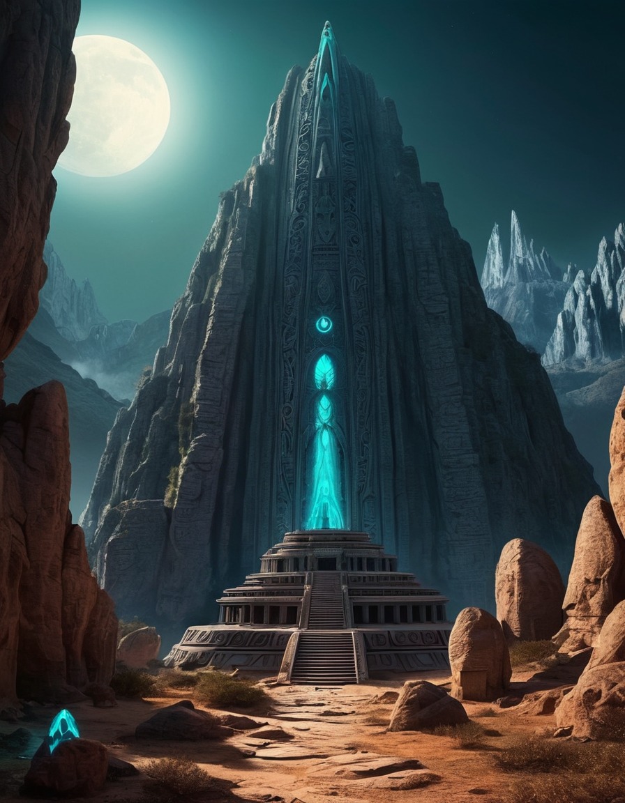 alien, temple, mountain, symbols, extraterrestrial, aliens