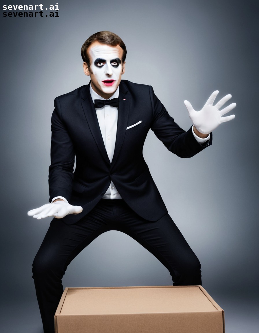 Emmanuel Macron dressed as a mime, trapped in an invisible box @ SevenArt