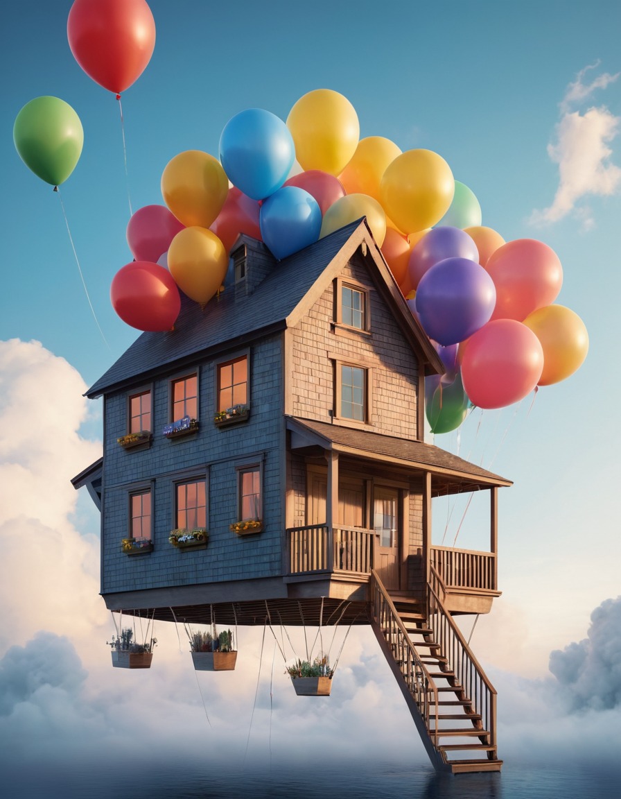 floating house, balloons, strange, architecture