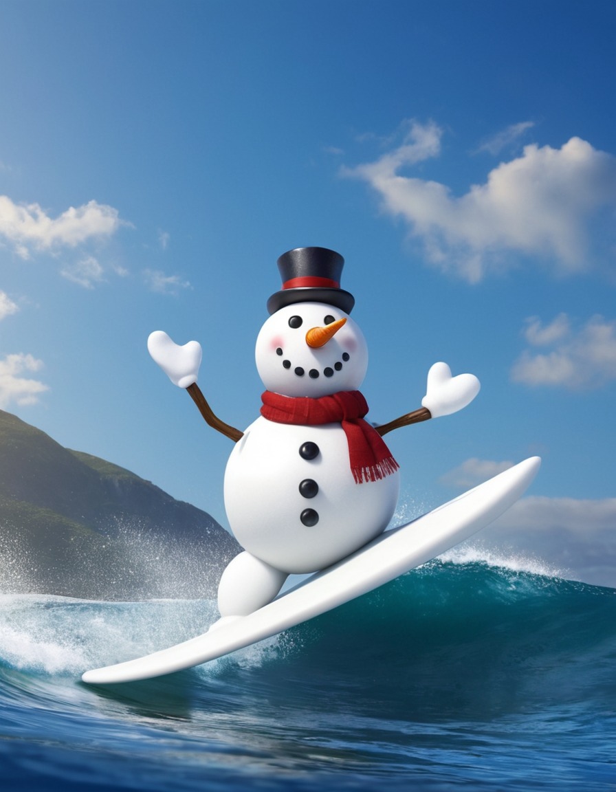 snowman, surfing, ocean, winter, beach, unusual, water sport